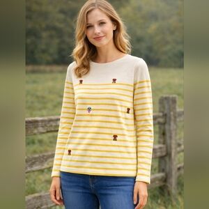 Joules Knit Striped Dog Lover Embroidered Top Yellow Shirt Size 8 Medium Cottage